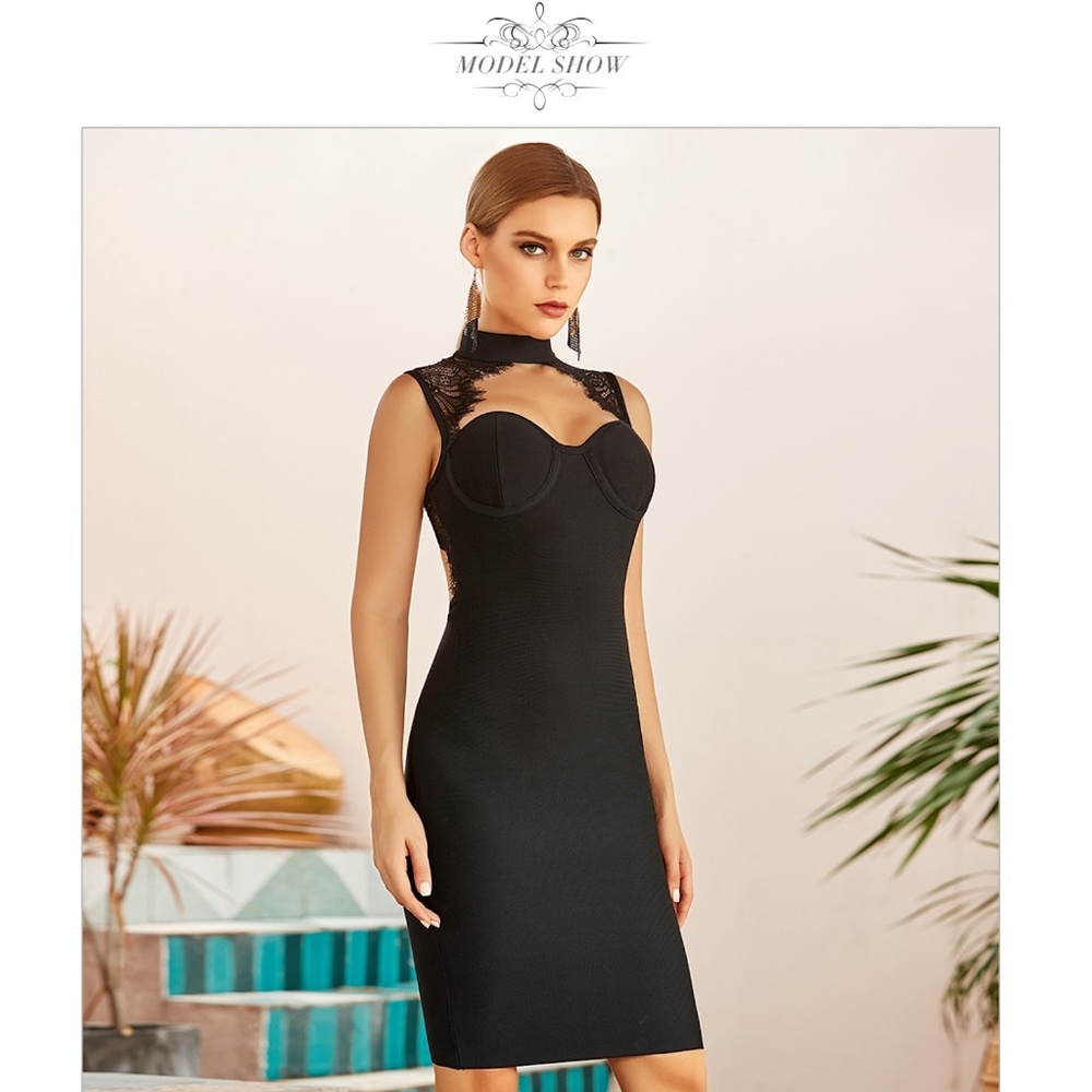 Black Bandage Lace Detailed Bodycon Dress - Picture 7 of 14